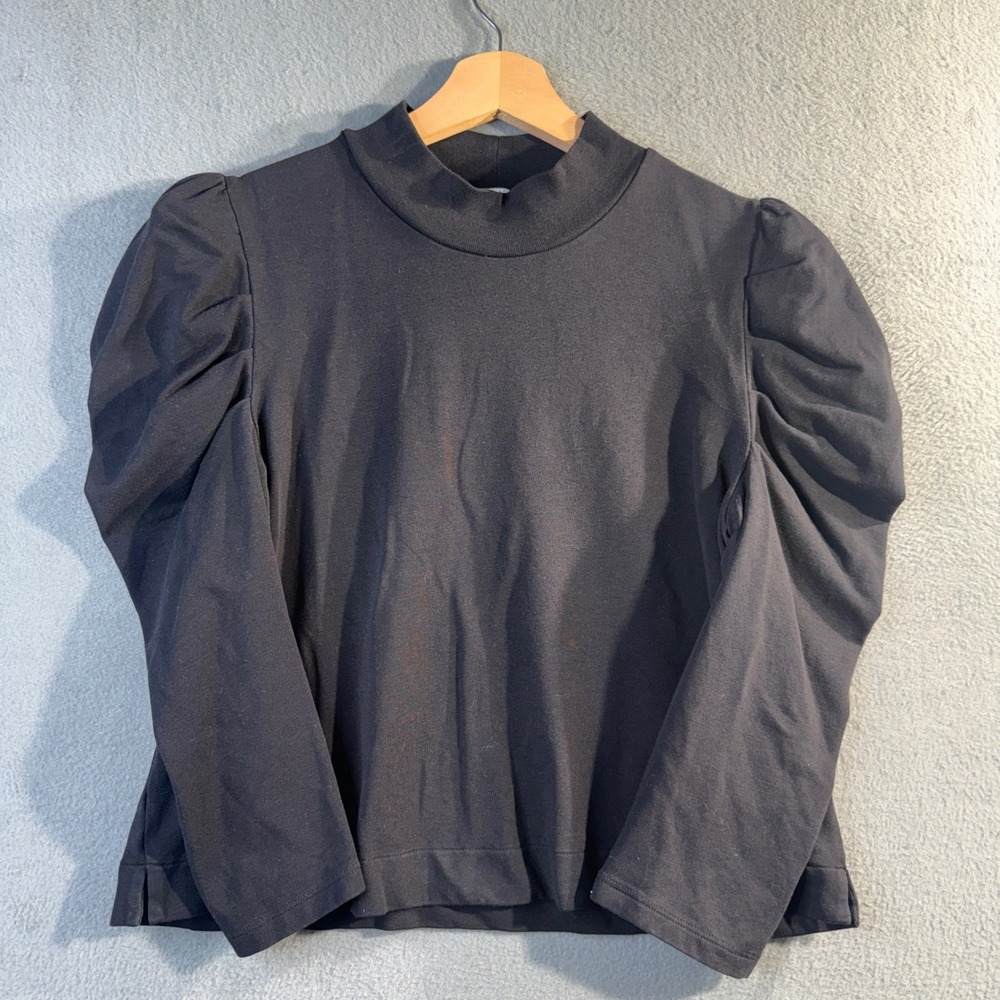 Cuyana Black Organic Pima Cotton Modal Puff Sleeve Mock Neck Top Women MD 8326